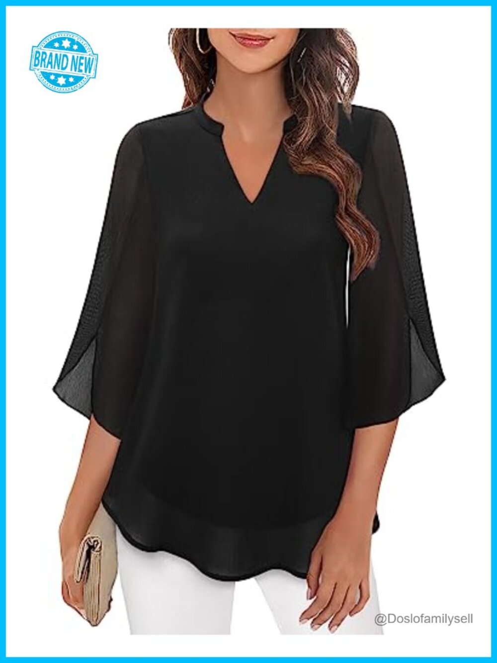 Womens Chiffon Blouse 3/4 Bell Sleeve V Neck Double Layer Dressy Top